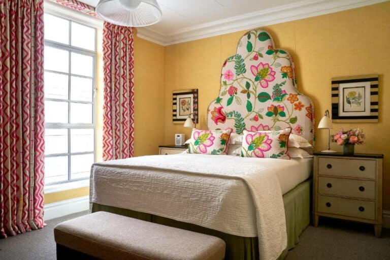 Bedroom with patterned headboard