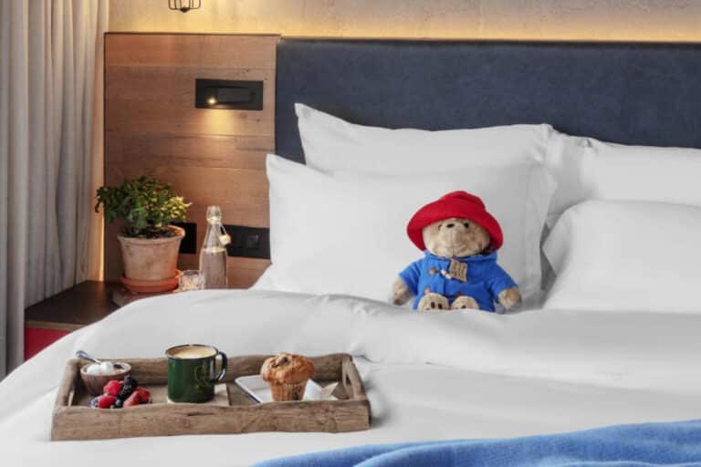 Paddington bear in bed in hotel room
