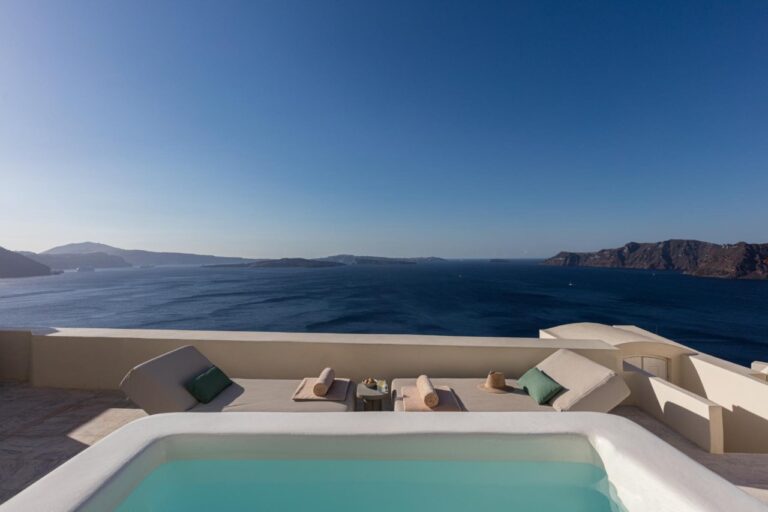 Private plunge pool on a terrace overlooking the caldera at Canaves Oia Suites, Oia, Santorini