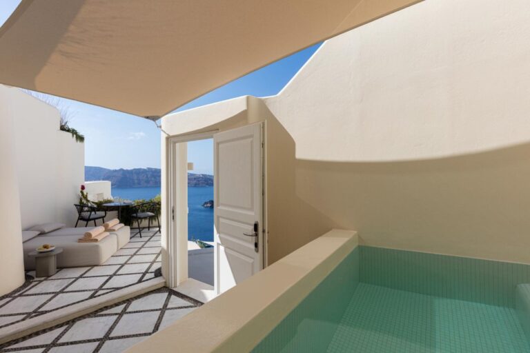 Shaded suite terrace with a private pool at Canaves Oia Suites, Oia, Santorini