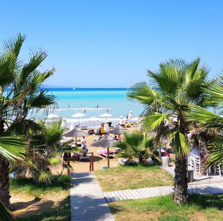 Palm-lined path down to the sandy beach at Delfino Blu Wellness Boutique Hotel, Agios Stefanos, Corfu