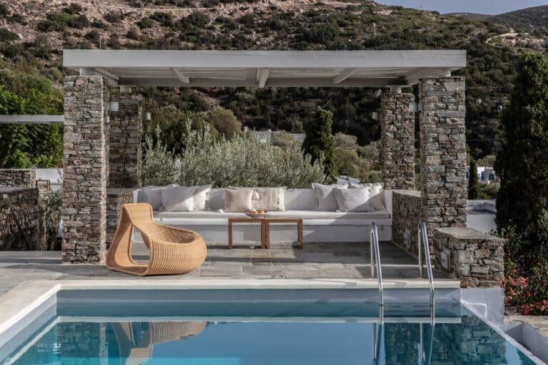 Private pool and shaded lounge at a pool villa at Elies Resorts, Vathi, Sifnos