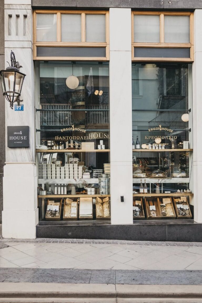 Shopfront of the ground-floor food hall at Ergon House, Athens